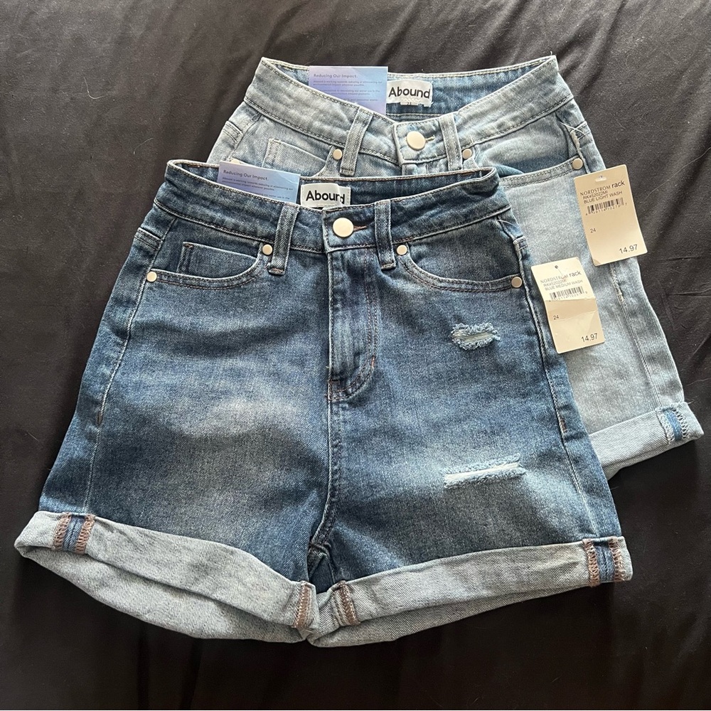 High Rise Cuffed Lightly Distressed Denim Jean Shorts - Medium & Light Wash